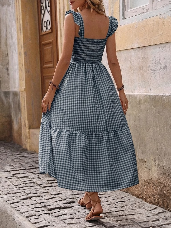 Retro Smocked Plaid Maxi Dress with Pockets