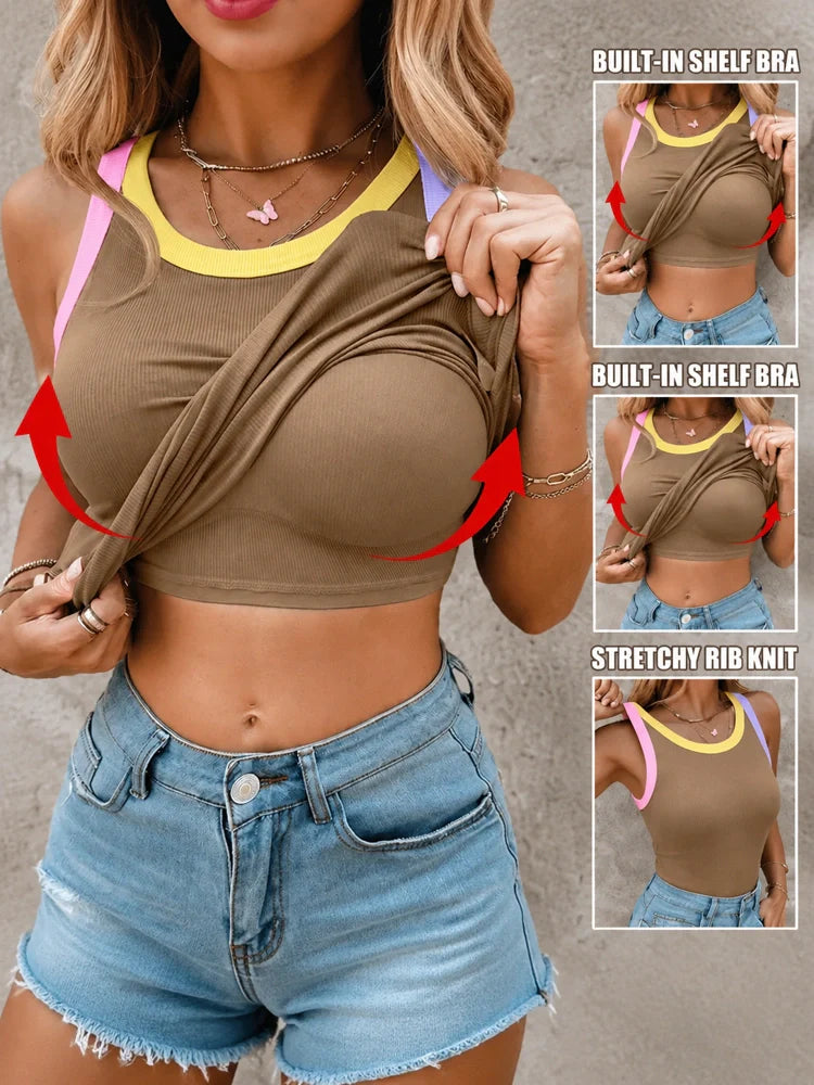 2-in-1 Ribbed Racerback Tank Top with Built-In Bra Support