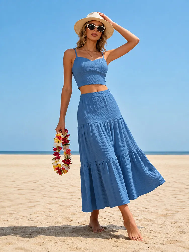 Women Sleeveless Pleated Maxi Skirt Set