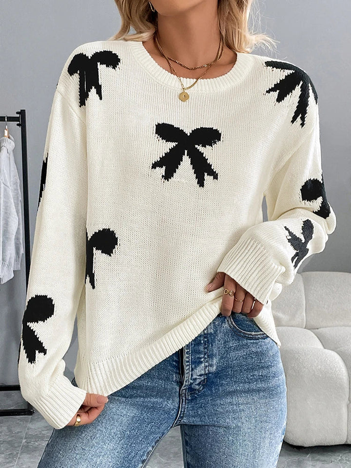 Women's Bow Print Sweaters round neck Lightweight Sweater Pullovers Knit Top