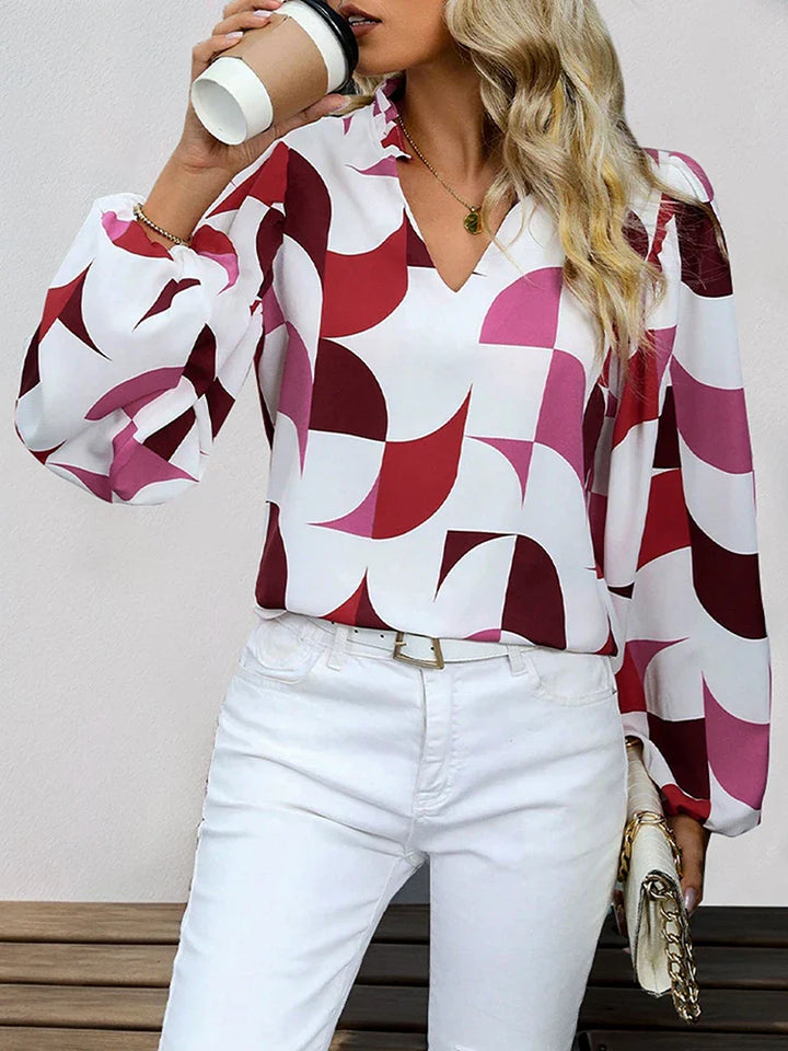 Womens V Neck  Brown Abstract Print Puff Sleeve Loose Blouse