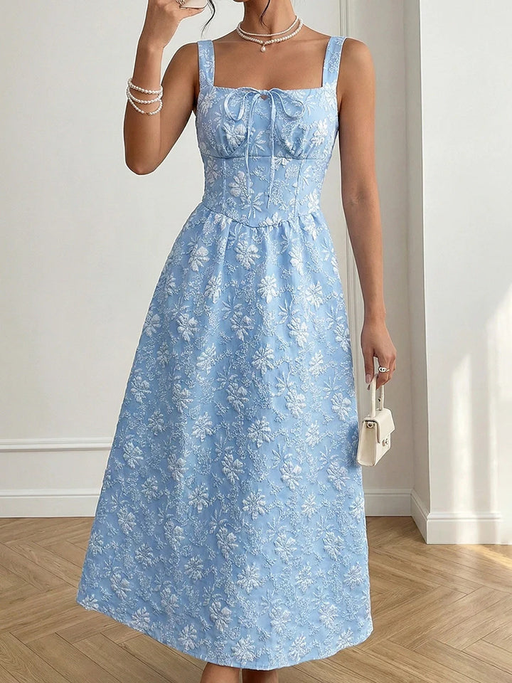 Women's Casual Sleeveless Square Neck Jacquard Flowy Maxi Dress