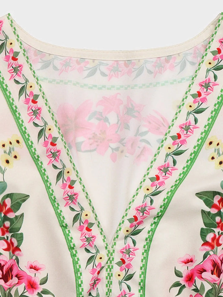 Boho Floral Print V Neck Midi Dress