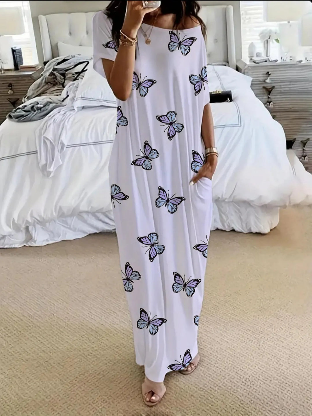 Women's Butterfly Heart Tie-Dye Nightgown with Pockets